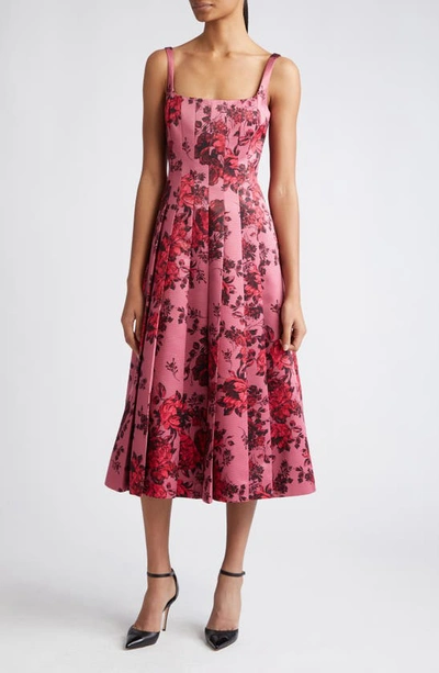 Emilia Wickstead Adele Rose Print Pleated Taffeta Faille Fit & Flare Midi Dress In Mauve Pink Festive Bouquet