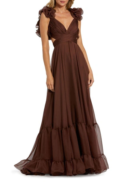 Mac Duggal Rosette Chiffon Cutout Empire Waist Gown In Bordeaux