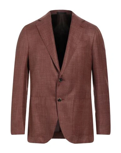 Caruso Man Blazer Tan Size 42 Wool, Silk, Linen In Brown