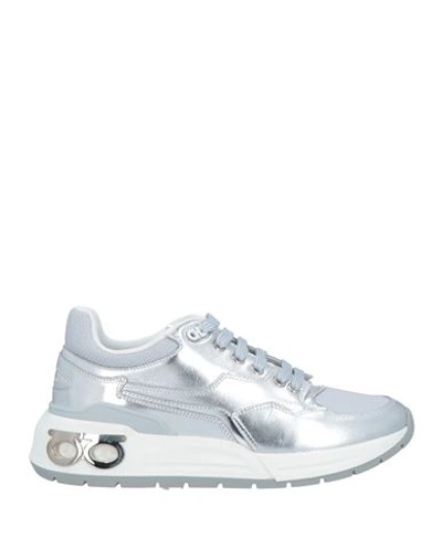 Ferragamo Man Sneakers Silver Size 9 Calfskin, Textile Fibers