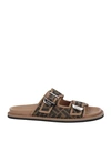 Fendi Canvas Feel Slippers With Adjustable Straps And Ff Motif Embroidery In Beige