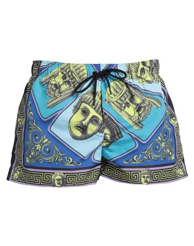 Versace Man Swim Trunks Turquoise Size 38 Polyester In Blue