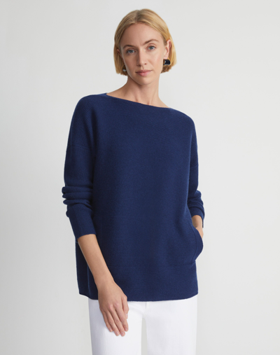 Lafayette 148 Wool-cashmere Link Stitch Bateau Neck Sweater In Midnight Blue