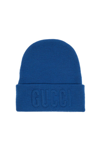 Gucci Logo-embossed Wool Beanie In Blue