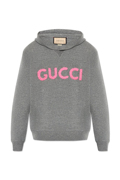 Gucci Logo Wool Knit Hoodie In Grey