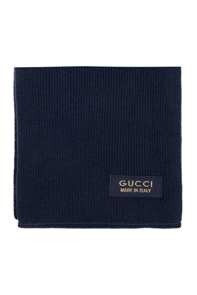 Gucci Logo Patch Knitted Scarf In Navy