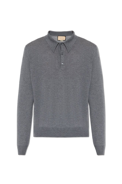 Gucci Logo Embroidered Collared Sweater In Grey