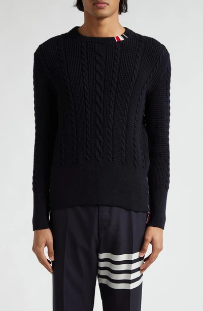 THOM BROWNE CABLE STITCH VIRGIN WOOL CREWNECK SWEATER