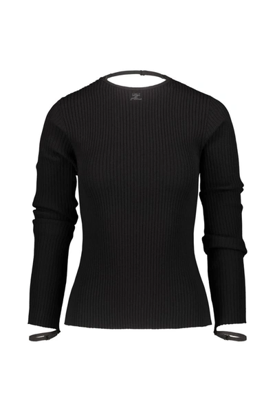 Courrèges Elastic Wrist Rib Knit Sweater In Black