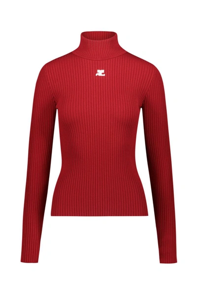 Courrèges Long-sleeved Ribbed Knit Jumper Clothing In Red
