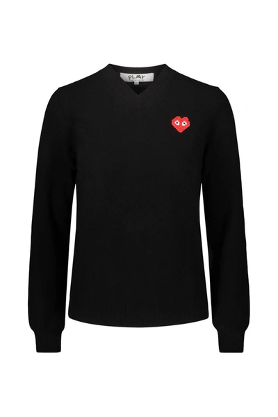 Play Comme Des Garcons Comme Des Garçons Play V-neck Jumper With Red Pixelated Heart Clothing In Black