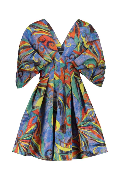 Rochas Graphic-print Pleated Minidress In Multicolor