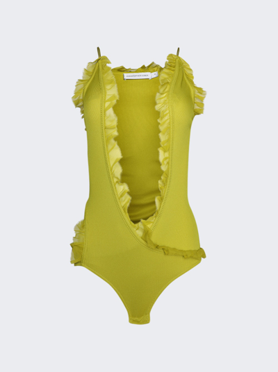 Christopher Esber Carina Ruffle Crossover Keyhole Halter Bodysuit In Limeade