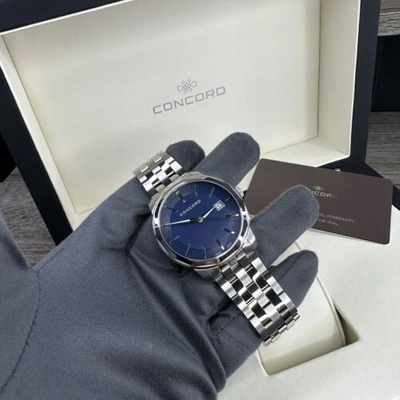 Pre-owned Concord New✅ Swiss Made✅ Bennington Quartz Steel Blue Dial 40mm Watch 0320410