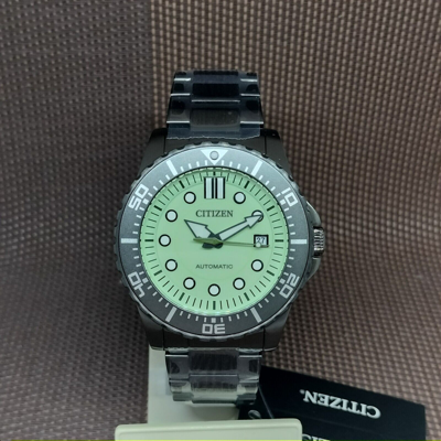 Pre-owned Citizen Nj0177-84x Green Analog Black Stainless Steel Date Automatic Men's Watch