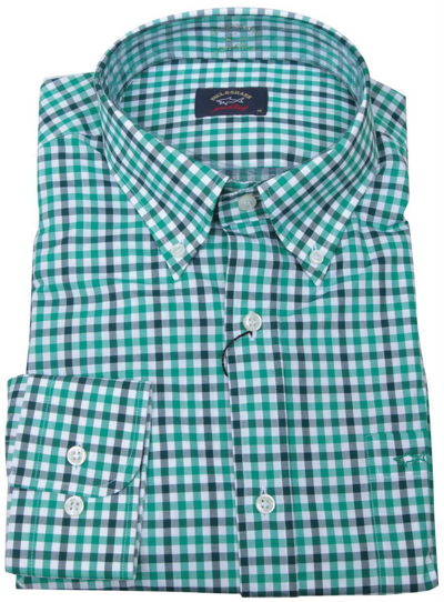 Pre-owned Paul & Shark Yachting Men's Dress Shirt Long Sleeve Size 44 17.5" Check Cotton In Green