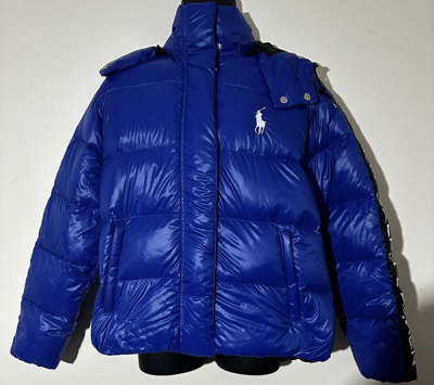 Pre-owned Polo Ralph Lauren Womens Puffer Jacket Blue Spell Out Hooded Pocket Xl/tg
