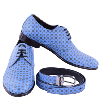 Pre-owned Napoli Dolce & Gabbana Dauphine Leather Derby Shoes  And Belt Gift Set Blue 04884