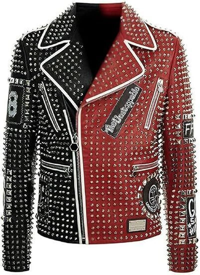 Pre-owned Brando Mens  Studded Spikes Punk Rock Motorcycle Two Tone Leather Jacket In Multicolor