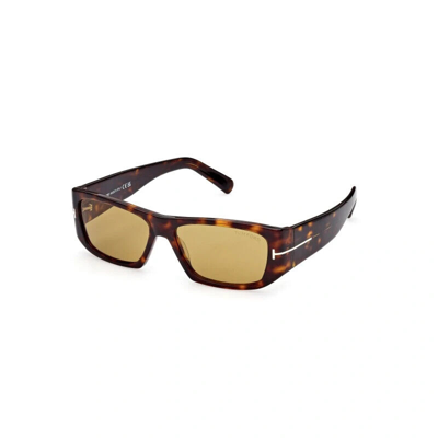 Pre-owned Tom Ford Rectangular Sunglasses Ft0986-52e-56 Dark Havana Frame Brown Lenses
