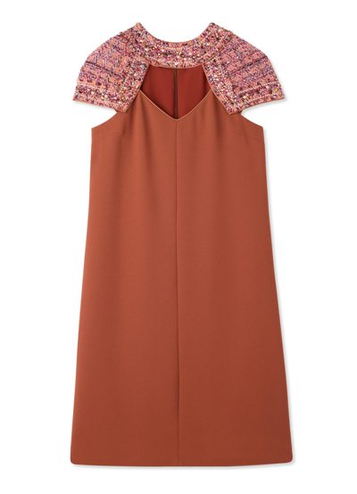 St. John Satin Back Crepe Embellished Collar Short Dress In Brick/cranberry Multi