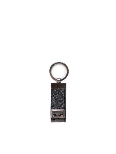 Dolce & Gabbana Calfskin Keychain With Logoed Plate In Black
