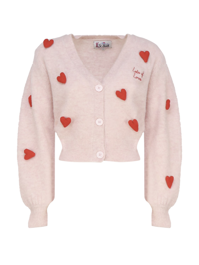 Mc2 Saint Barth Hearts Cardigan In Mixed Wool In Beige, Red