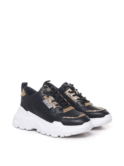 Versace Jeans Couture Logo-patch Glitter-detailing Sneakers In Black