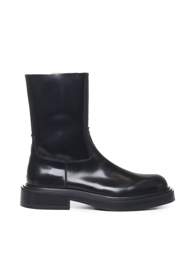Ferragamo Panelled Patent-leather Ankle Boots In Black