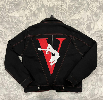Pre-owned Vlone Denim Jacket L.a. Pop-up Exclusive In Black/red