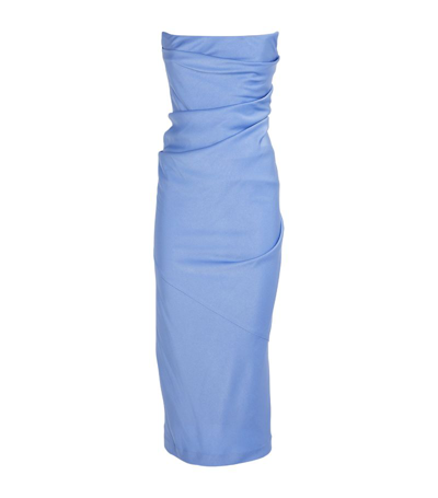 Alex Perry Satin Crepe Draped Strapless Midi Dress In Blue