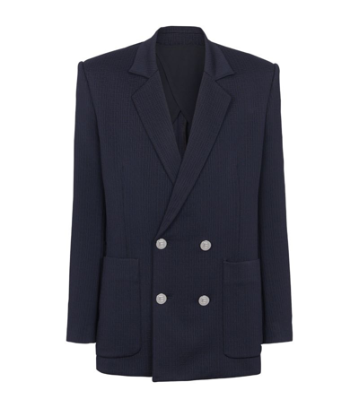 Balmain Monogram-pattern Double-breasted Blazer In Navy