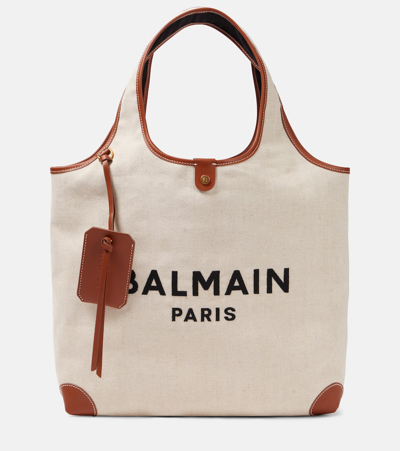 Balmain B-army Leather-trimmed Canvas Tote Bag In Beige
