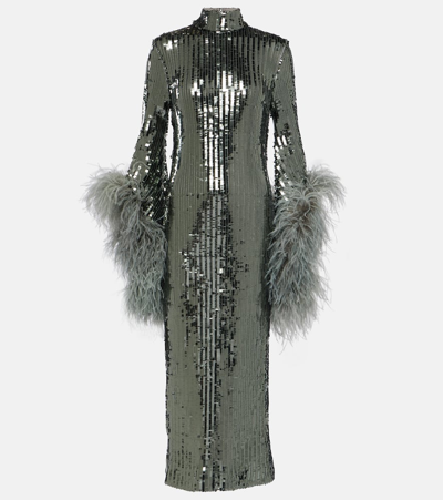 Taller Marmo Del Rio Feather-trimmed Sequined Midi Dress In Silver