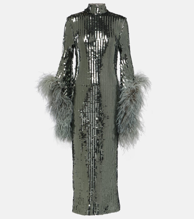 Taller Marmo Del Rio Feather-trimmed Sequined Midi Dress In Green