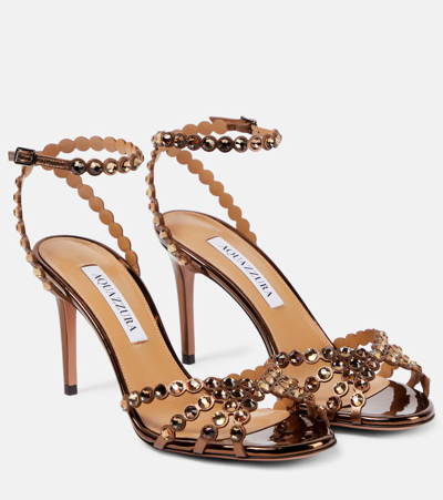 Aquazzura Tequila 85 Embellished Leather Sandals In Brown