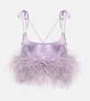 Miu Miu Feather-trimmed Satin Top In Purple