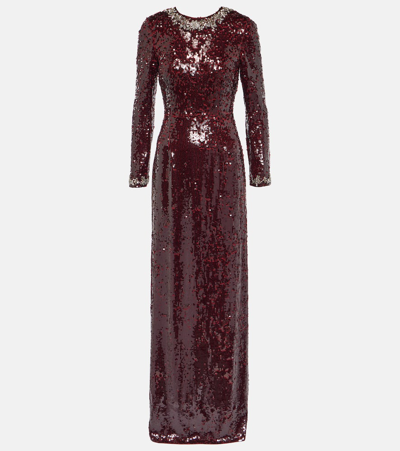Erdem Sequined Long-sleeve Slim Fit Gown With Ribbon Back In Merlot
