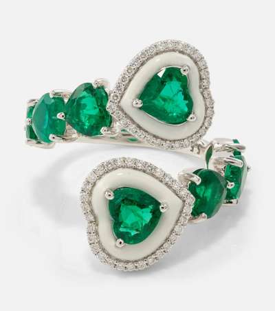 Kamyen Heart 18kt Gold Ring With Emeralds In Green