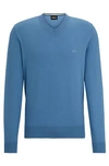 Hugo Boss V-neck Sweater In Cotton With Embroidered Logo In Blue