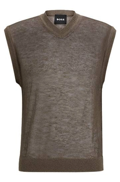 Hugo Boss Regular-fit Sleeveless Sweater In A Translucent Knit In Brown