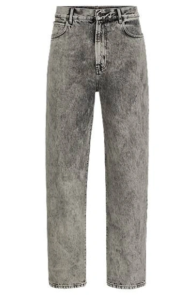 Hugo Boss Loose-fit Jeans In Bleach-wash Black Rigid Denim In Grey