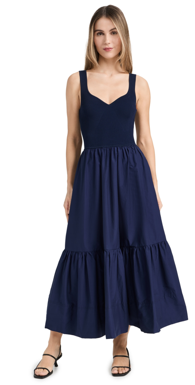 Tanya Taylor Josephina Sleeveless Rib And Poplin Midi Dress In Maritime Blue