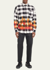 Palm Angels Man Black And White Check Cotton Overshirt With Burning Flames Print In Black Red
