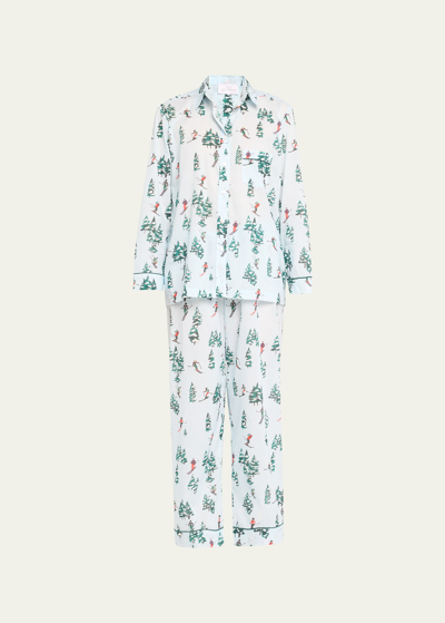 Pour Les Femmes Cropped Ski-print Cotton Pajama Set In Blue Skiers