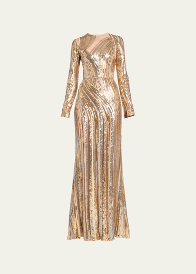 Elie Saab Sequin Embroidered Tulle Cutout Long-sleeve Gown In Gold Z0001