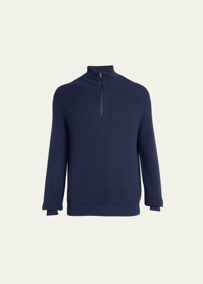 Agnona Men's Cotton-cashmere Ribbed Quarter-zip Sweater In Navy