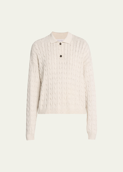 Brunello Cucinelli Cotton Blend Cable Knit Polo Sweater In Beige