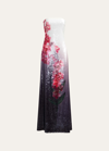 HALSTON SPENCER STRAPLESS FLORAL-PRINT SEQUIN GOWN