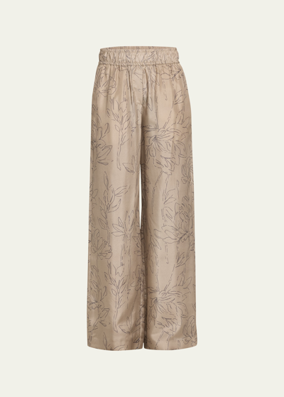 Brunello Cucinelli Magnolia Outline Printed Silk Pants In C6011 Khaki